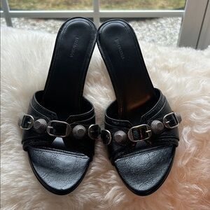 Balenciaga Black Leather Mules with Silver Accents